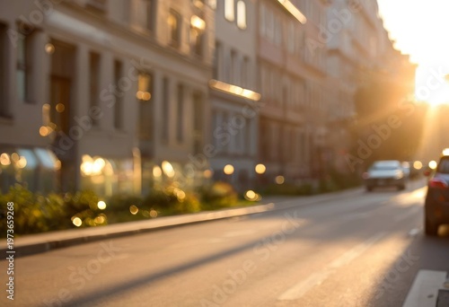 Abstract urban street scene with beautiful backlight and shops in evening