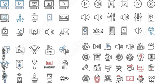 Professional Multimedia Video Player and Live Streaming Icon Set Featuring Digital Cinema Film Production Audio Sound and Wireless Broadcasting Symbols