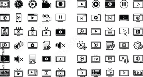 Comprehensive collection of video player icons media streaming interface elements film production symbols and multimedia digital button vectors for web design projects and application development.