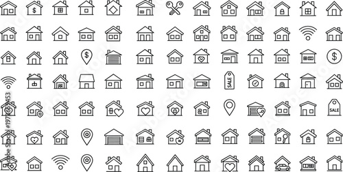 Large Set of Minimalist Real Estate Line Icons Featuring House Designs Property Sales Mortgage Symbols Home Keys Location Map Pins Garage Units and  Living Vector Graphics for Web and Marketing