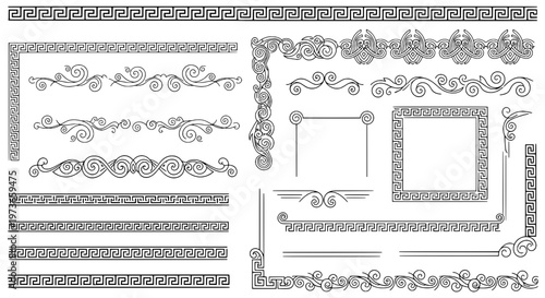 Borders ornate set with swirling lines and greek key patterns featuring decorative frames, vector graphics, design elements with illustration and