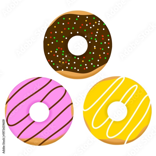 Bild auf Leinwand Three Donuts Row Assorted Glaze Isolated on White Background
