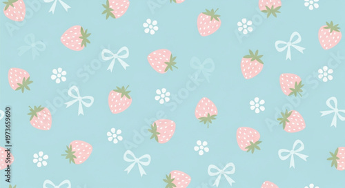 Seamless strawberry bow pattern pastel blue background cute floral fruit repeat texture