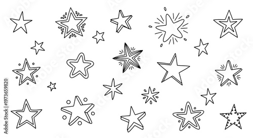 Stars doodle drawn set with black lines and various shapes and sizes, scattered on white background featuring illustration, graphics, vector with