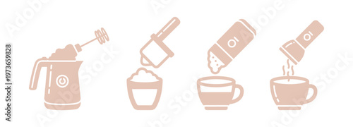 How to make homemade coffee using a milk frother. Instructions for cappuccino, latte, or macchiato silhouettes. An outline icon of a foam electric mixer, handheld maker. Flat vector illustration 