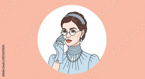 Elegant portrait of a refined woman in vintage blue attire with pearls, glasses, and gloves against a peach background.