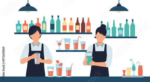 Two professional bartenders prepare colorful cocktails behind a well-stocked bar counter with shelves of various spirits.