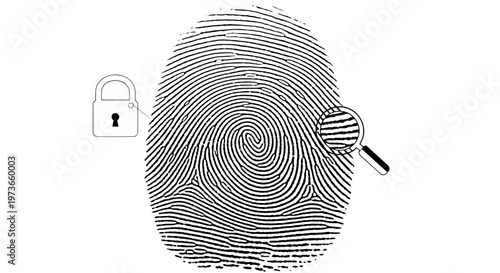 Fingerprint with magnifying glass and unlocked padlock icon featuring security, unlock, biometric with identification and forensic elements for