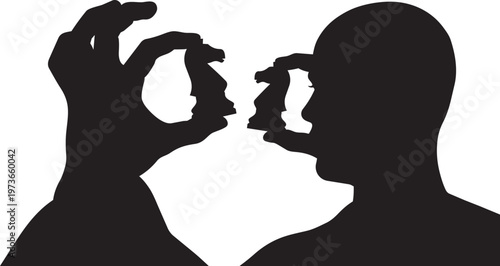 Silhouette of a person holding two chess knight pieces facing each other, representing a strategic duel or intellectual challenge