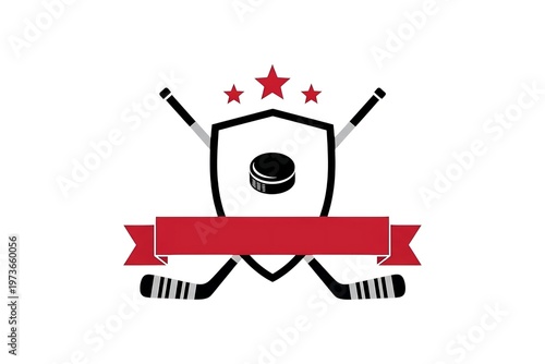 Dynamic Ice Hockey Sport Emblem Featuring Crossed Sticks Puck Shield Stars and Blank Banner on White White Background