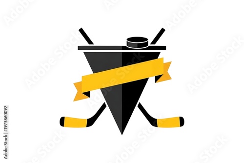 Dynamic Ice Sport Emblem with Crossed Sticks Puck and Ribbon Banner on White Background