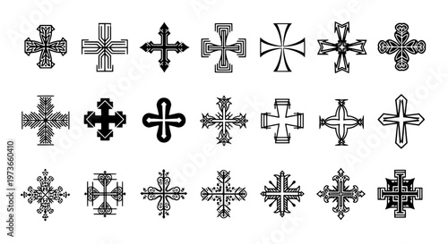 Crosses collection with intricate designs and patterns in black and white featuring religious symbols, decorative, religious art with Christian