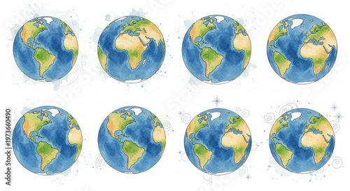 Watercolor Earths: A collection of intricately painted watercolor globes, showcasing the beauty of our planet from various perspectives, each one a unique artistic expression.