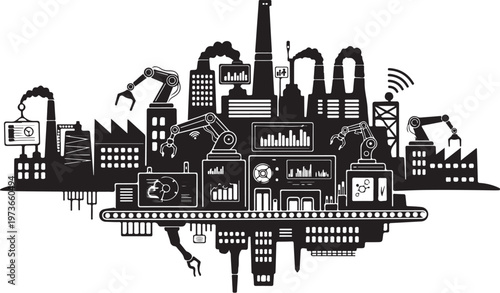 Industrial Cityscape with Factory Buildings and Robotics Technology