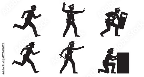 Police Officers Duty Silhouettes Set Pack. Editable Vector Stroke Illustration. featuring police, officer, law, enforcement, security, protection, authority, force, patrol, running more silhouettes.