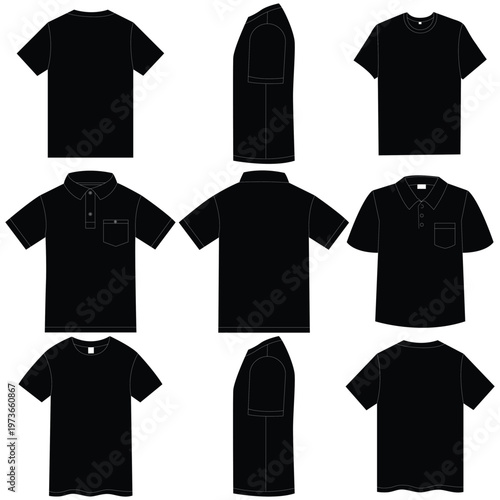 Black T Shirt Vector Set Front Back Side View Clothing Mockup Collection