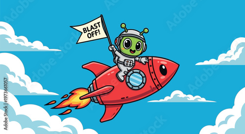 Astronaut Riding Red Rocket Ship.