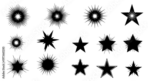 Stars set with black spiky and sharp shapes, starburst effects, and pointed tips on white background