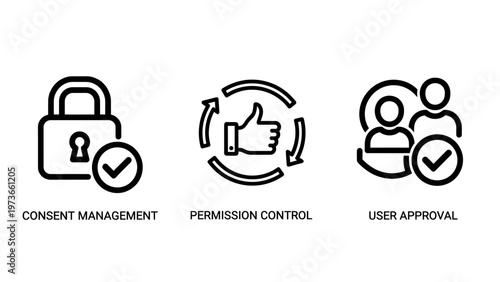 Icons for privacy consent, feedback control, and user approval in digital systems