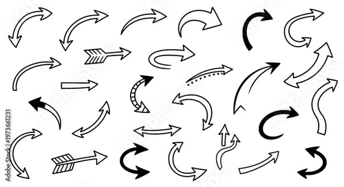 Arrows hand drawn set with black curved lines and various directions featuring direction, icons, graphics with vector and illustration elements for