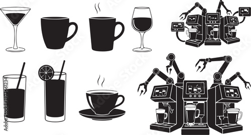 Black and white illustration of various drinks and machines