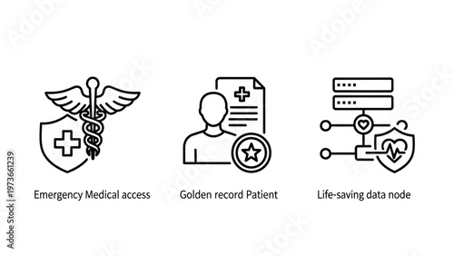 Medical icons: caduceus in shield, patient record, secure data server