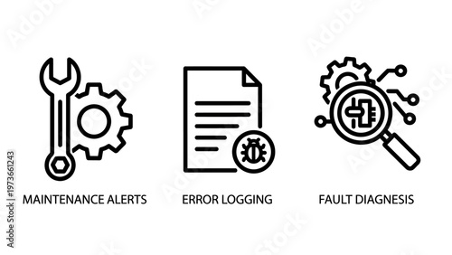 Icons set for maintenance, error logging, and fault diagnosis in technology