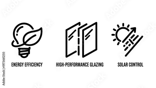 Energy efficiency icons: lightbulb with leaf, high-performance glazing, solar control
