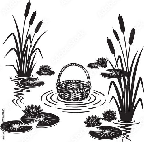 Wicker basket floating on calm water with water lilies and reeds serene nature scene peaceful pond environment perfect for baby moshe story