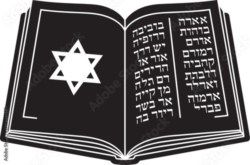 A silhouette of an open book with hebrew text and star of david, representing jewish tradition and religious studies