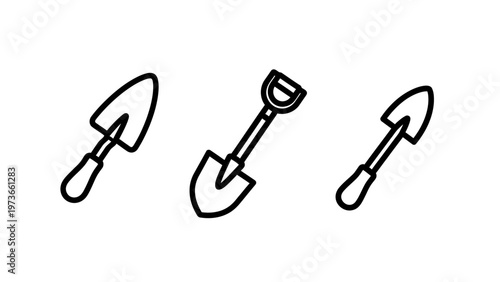 Three garden trowels and spades icon set, flat design, black and white