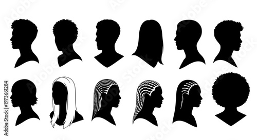 Silhouettes human head set with diverse profiles and hairstyles in black color featuring people, icons, illustrations with vector graphics and