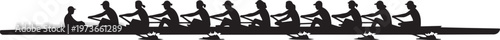 Silhouette of a rowing team in a racing boat with a coxswain, professional crew rowing together in a long scull boat
