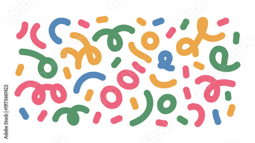 A vibrant and playful illustration featuring an abstract pattern of colorful confetti shapes and swirls, perfect for festive designs and joyful celebrations.