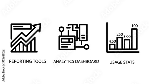 Business icons: reporting tools, analytics dashboard, usage stats