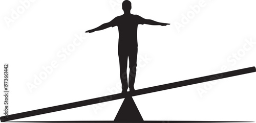 Silhouette of a person balancing on a seesaw, representing the concept of balance, stability, and decisionmaking