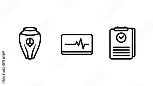 Collection of outline icons: urn with peace symbol, ecg waveform, and checklist clipboard