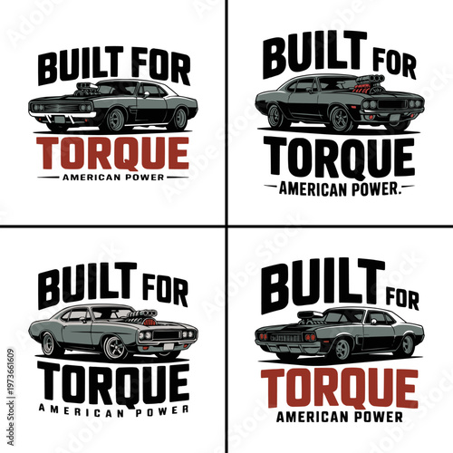 Four pixel art style graphic designs showcasing classic muscle cars with "Built For Torque" text, perfect for automotive enthusiasts and retro themes.