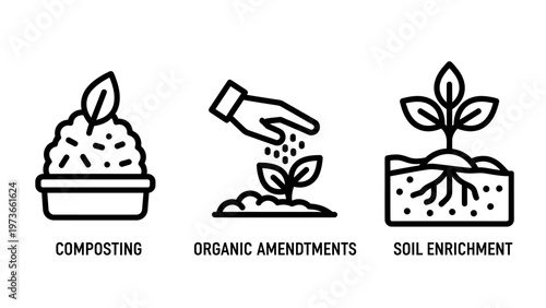 Icons for composting, organic amendments, and soil enrichment in sustainable gardening
