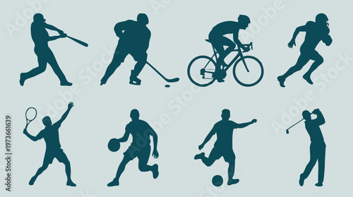 Set of various sport player silhouettes on light background
