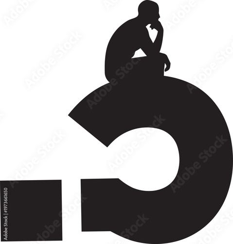 Silhouette of a man sitting on a question mark symbol, representing deep thinking, contemplation, and searching for answers