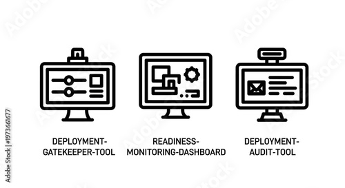 It deployment and monitoring tools interface icons set for software development and audit processes