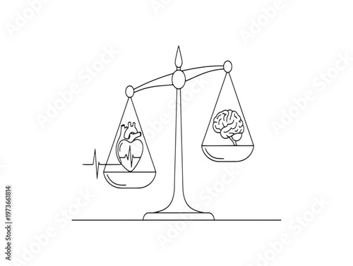 Balance scale with brain and heart a symbolic representation of emotion and reason
