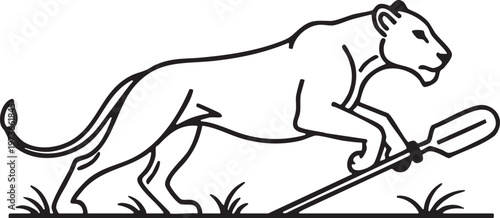 Lioness Power Symbol with Oar and Grass Line Drawing