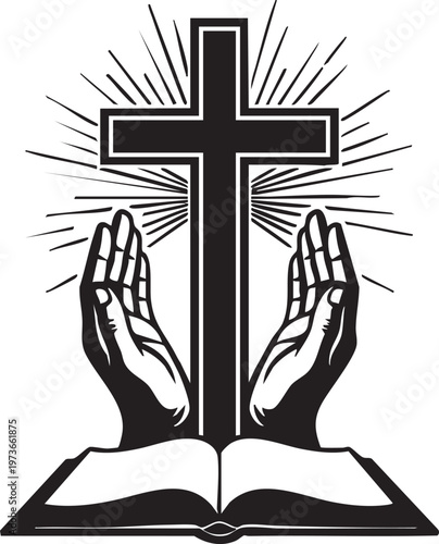 Christian Cross with Praying Hands and Open Holy Bible