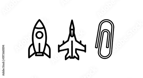 Rocket, fighter jet, and paper icons set for diverse concepts and applications