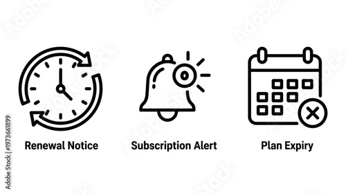 Subscription renewal notice, alert, and plan expiry icons set for digital services and deadlines