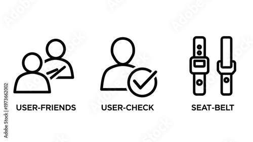 User friends, check, and seatbelt safety outline icons for digital interfaces