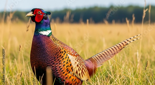 Majestic peacock standing proudly in a golden grassland field during sunset