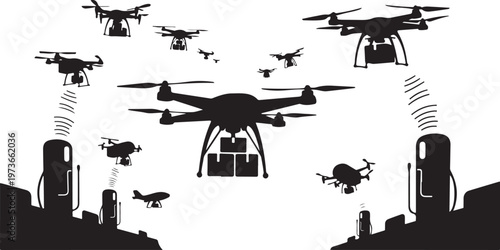 Drones flying over cityscape in black and white illustration